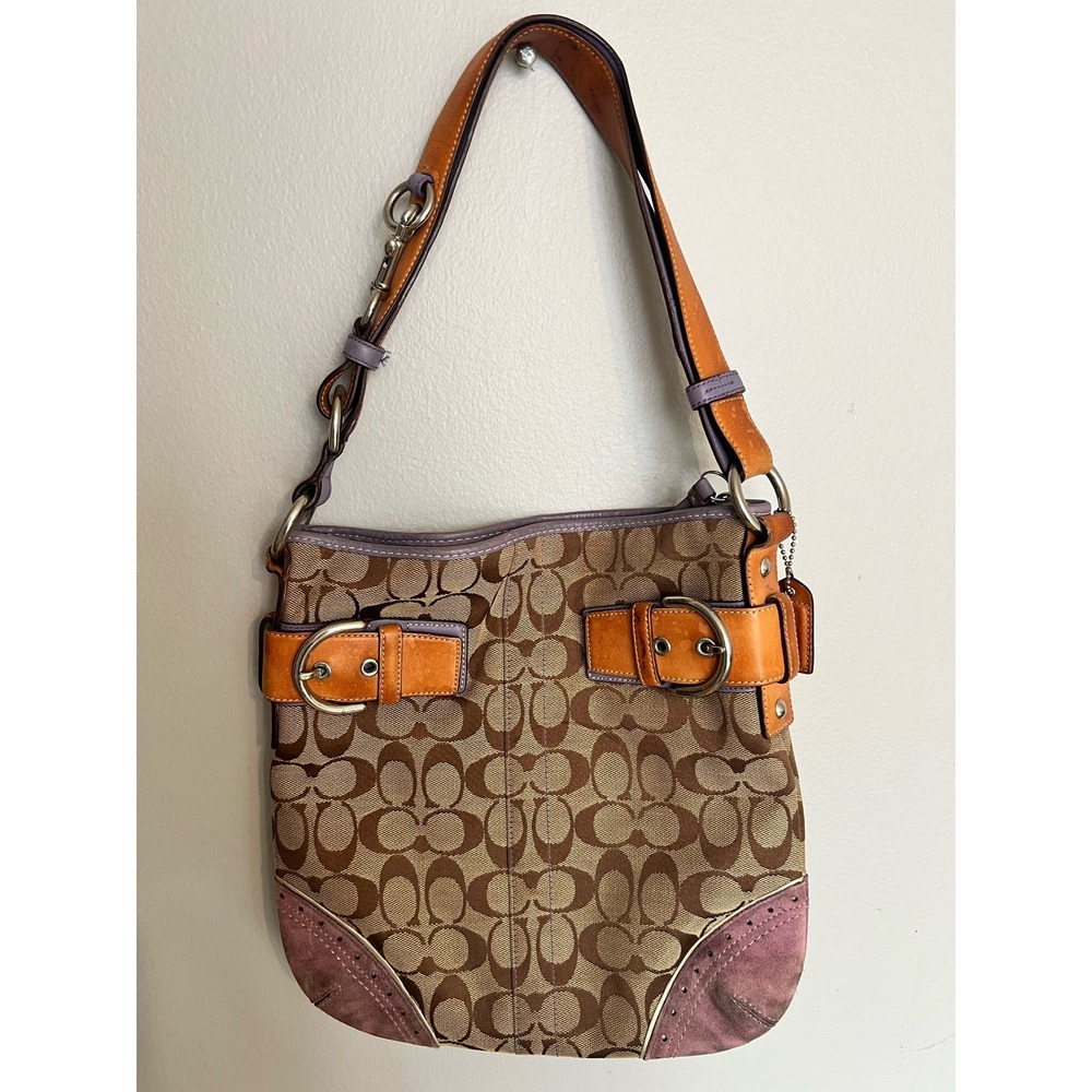 Vintage Coach Handbag with Leather Handle and Purple Suede Accents